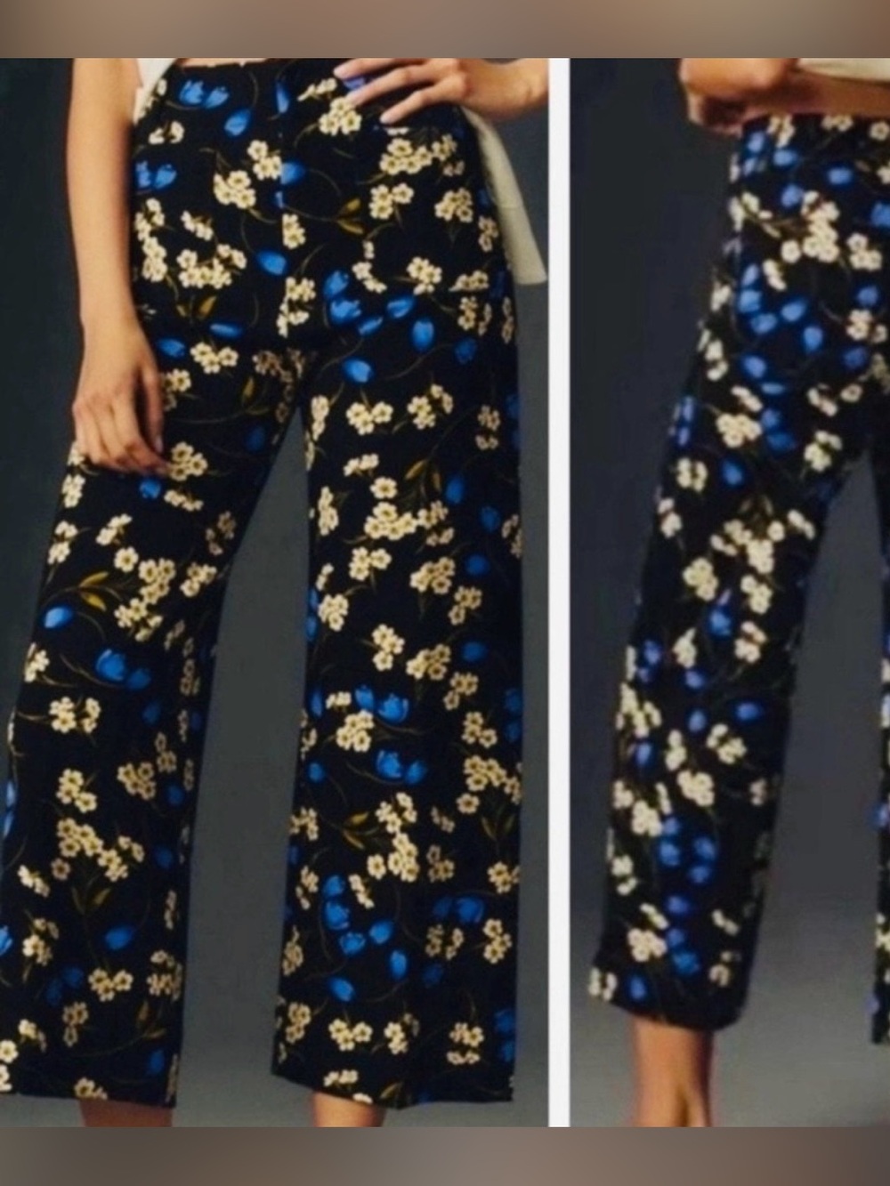 Anthropologie Black Floral Cropped Wide-Leg Pants with Blue & Cream Flowers